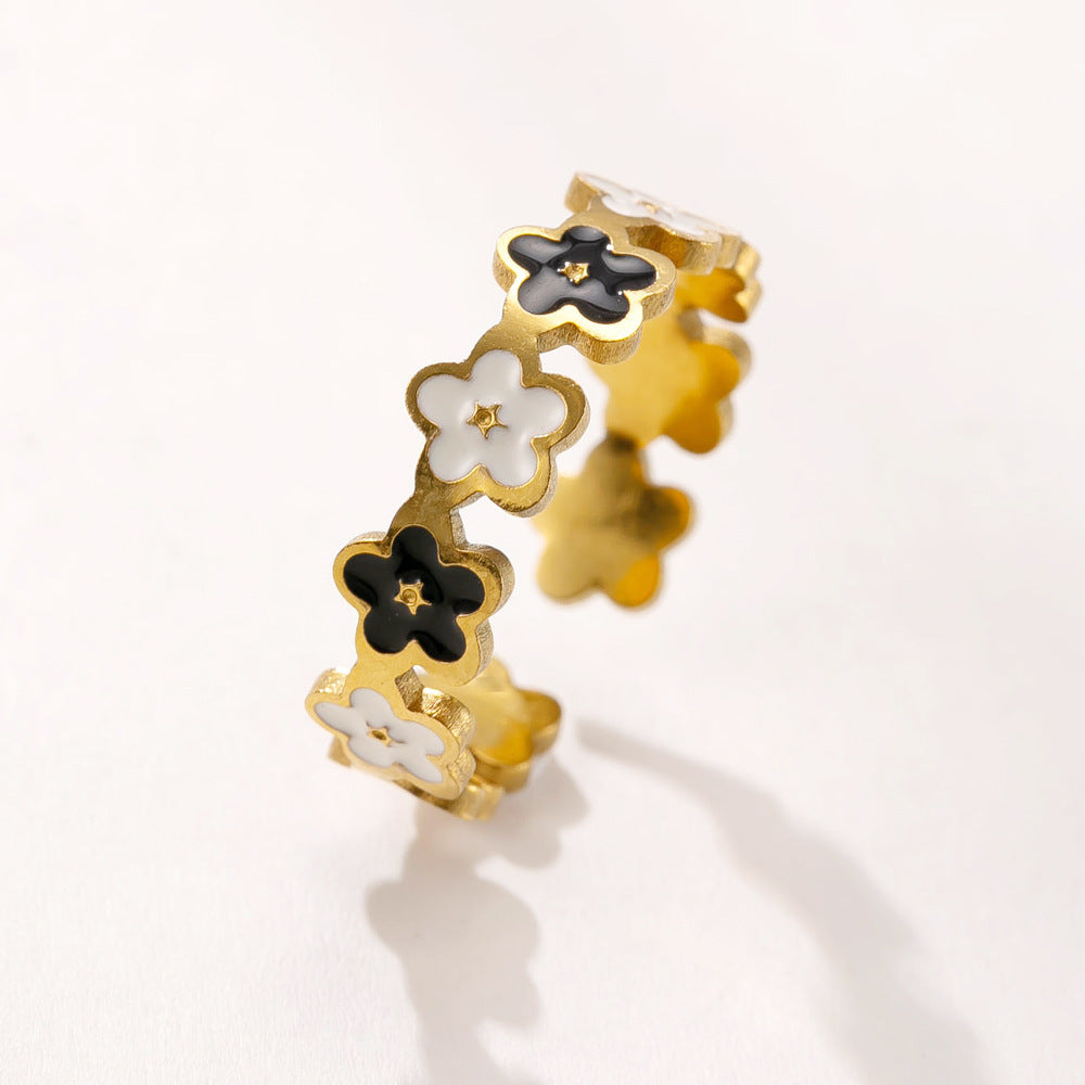 Women's Colorful Smiley Face Flowers Openings Adjustable Ring - Gold (Black and White Flowers) / One Size MegaBDM