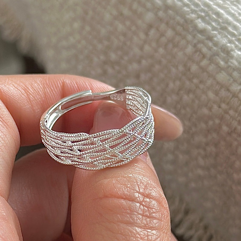 Sterling Sier Korean Niche Design Vintage Grid Style Fashionable Ring MegaBDM
