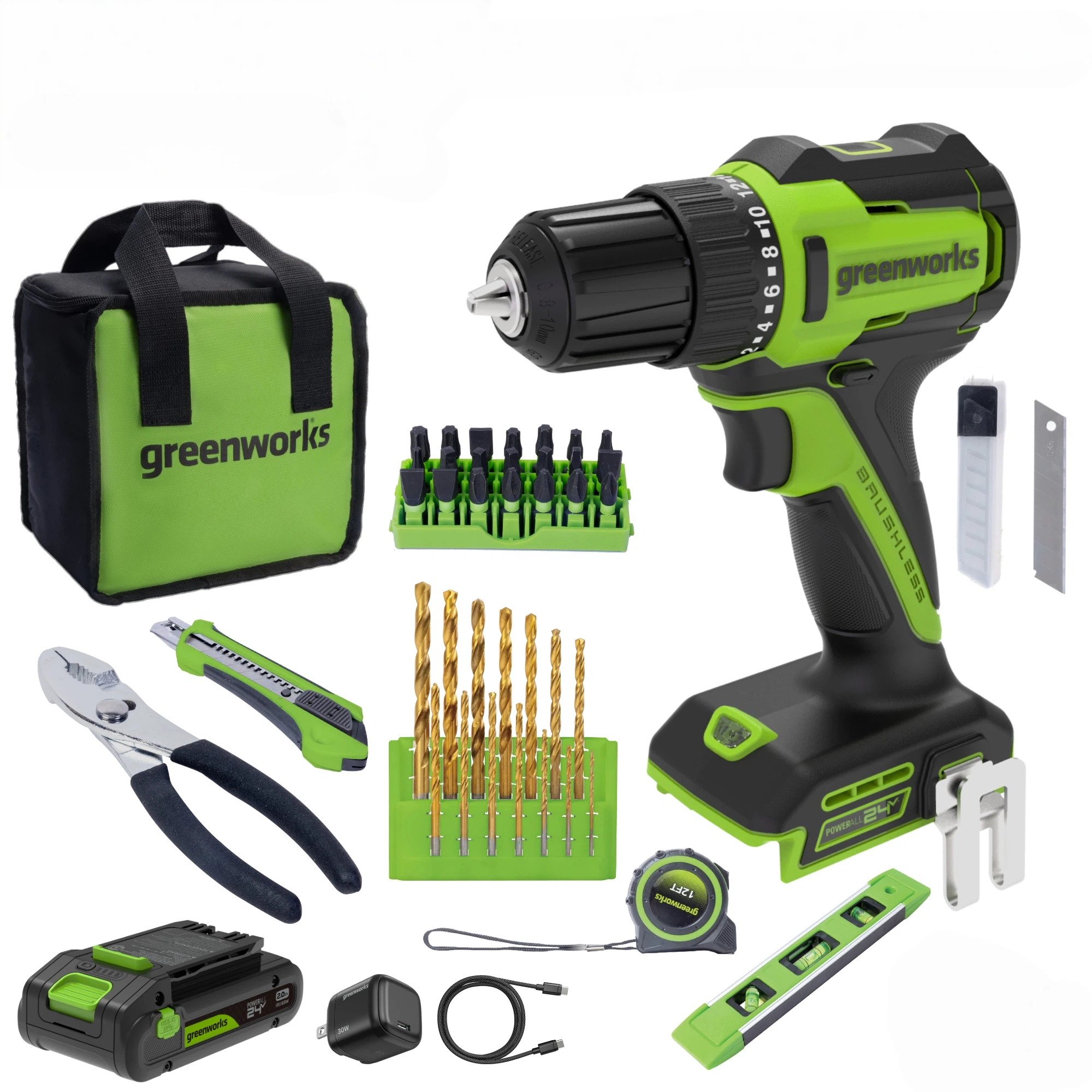 24V PowerAll 3/8" 280 in-lb Drill and 60 Piece Hand Tool/Accessories Project Kit, with 2.0 Ah USB-C Battery, 30W USB-C Charger Block, Carrying Bag MegaBDM