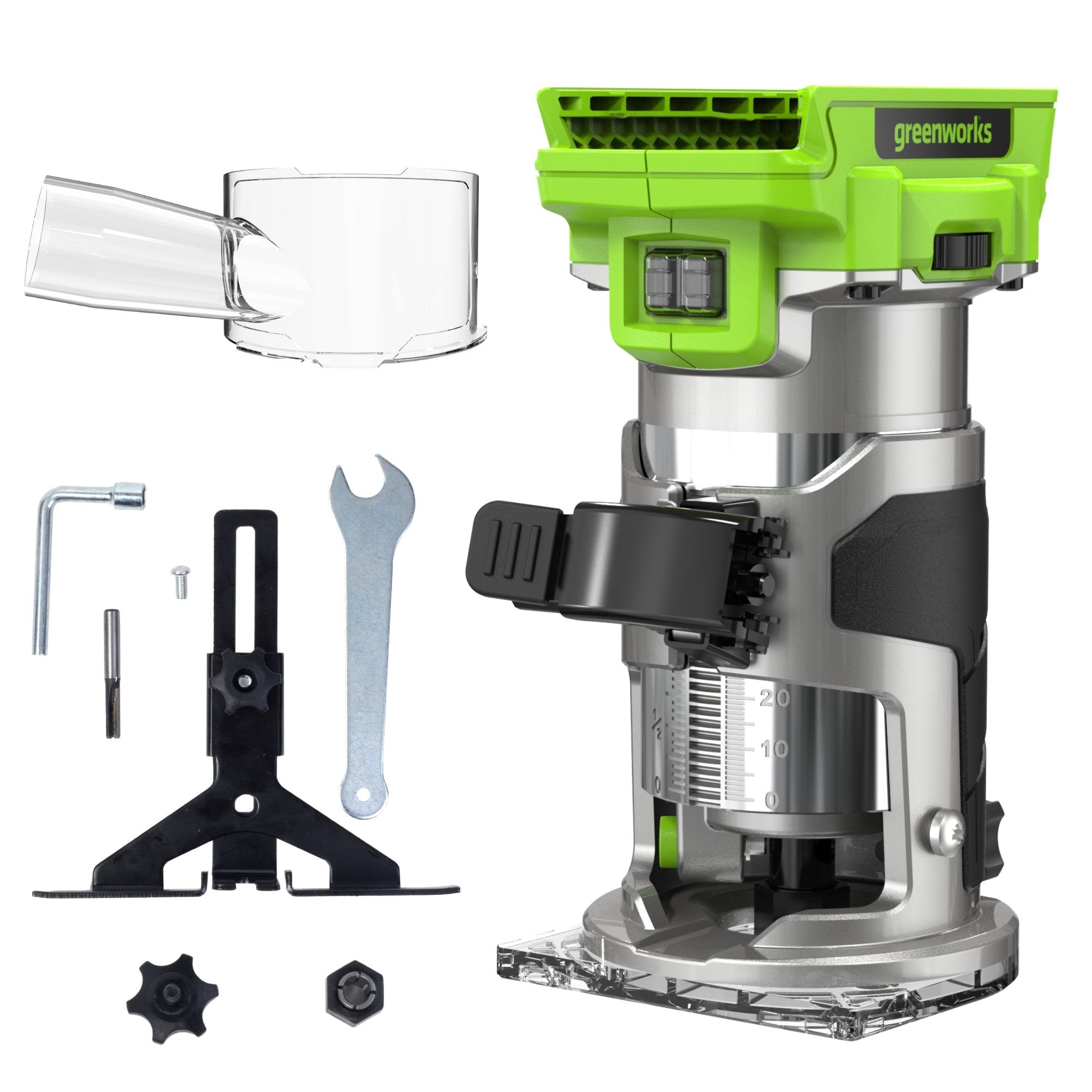 24V PowerAll Compact Router, Tool Only, with Edge Guide, Flush Trim Bit, Socket and Collet Wrenches, Bit Holder and Vacuum Dust Adaptor MegaBDM
