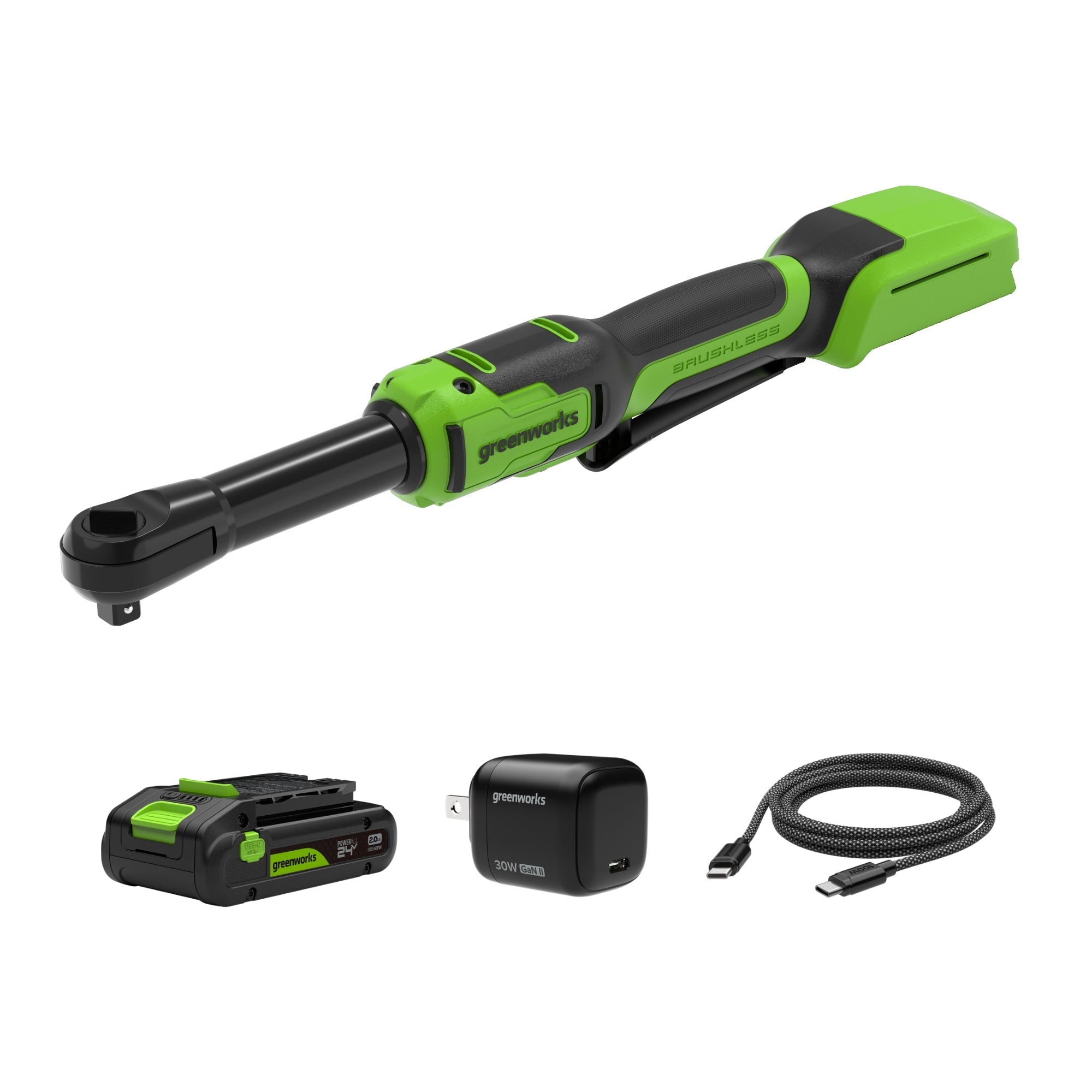 24V PowerAll 60 ft-lb 3/8" Extended Reach Ratchet Wrench, with 2.0 Ah Battery, 30W Charger, and 3' Cable MegaBDM