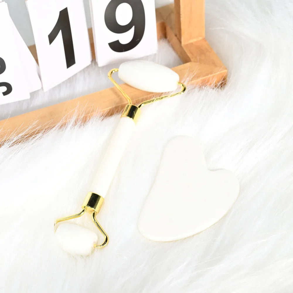 2025 Gua Sha Set:Gold Frame White Jade Stone Face Jade Roller & Heart Shape Gua Sha Wellness Spa Products for Skin Benefits