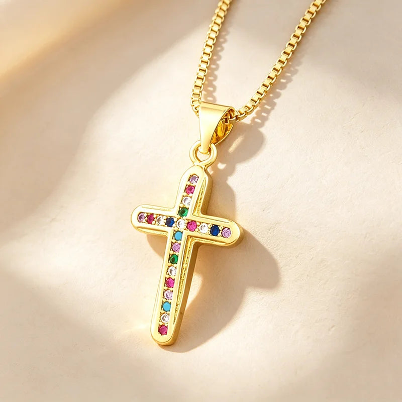 QIKU Gold Plated Personalised Cubic Zirconia Christian Cross Pendant Aesthetic Popular Necklace Jewelry for Men Daily Occasion