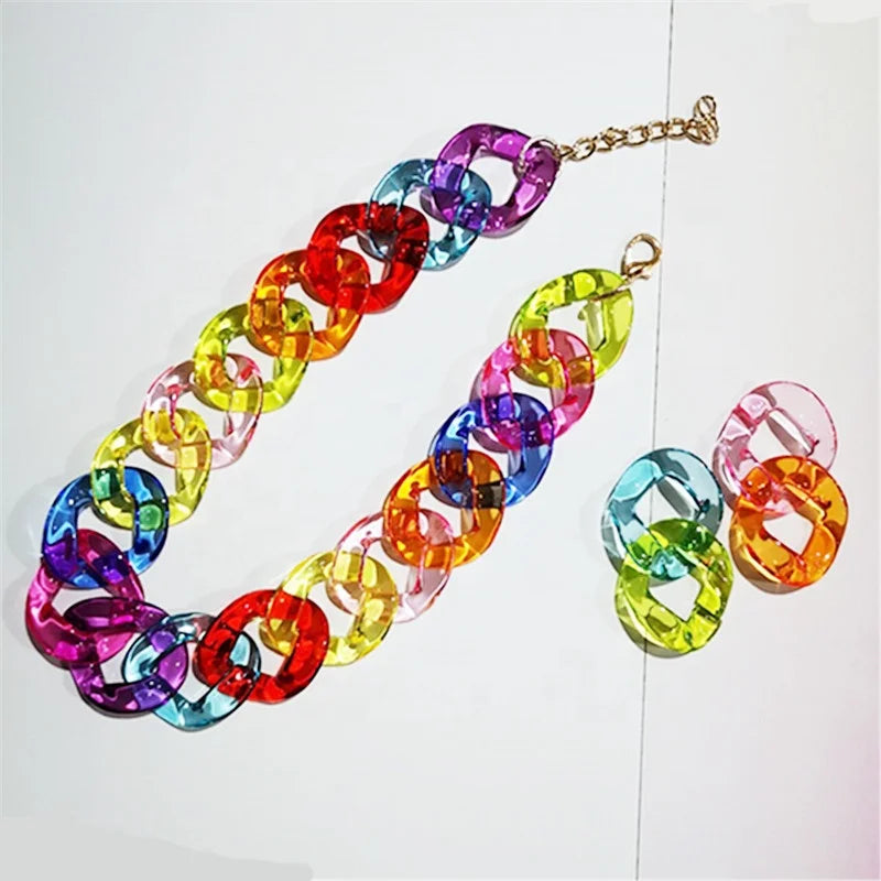 Fashion Women's Punk Style Colored Chunky Acrylic Chain Necklace and Earrings Set for Wedding Party & Engagement