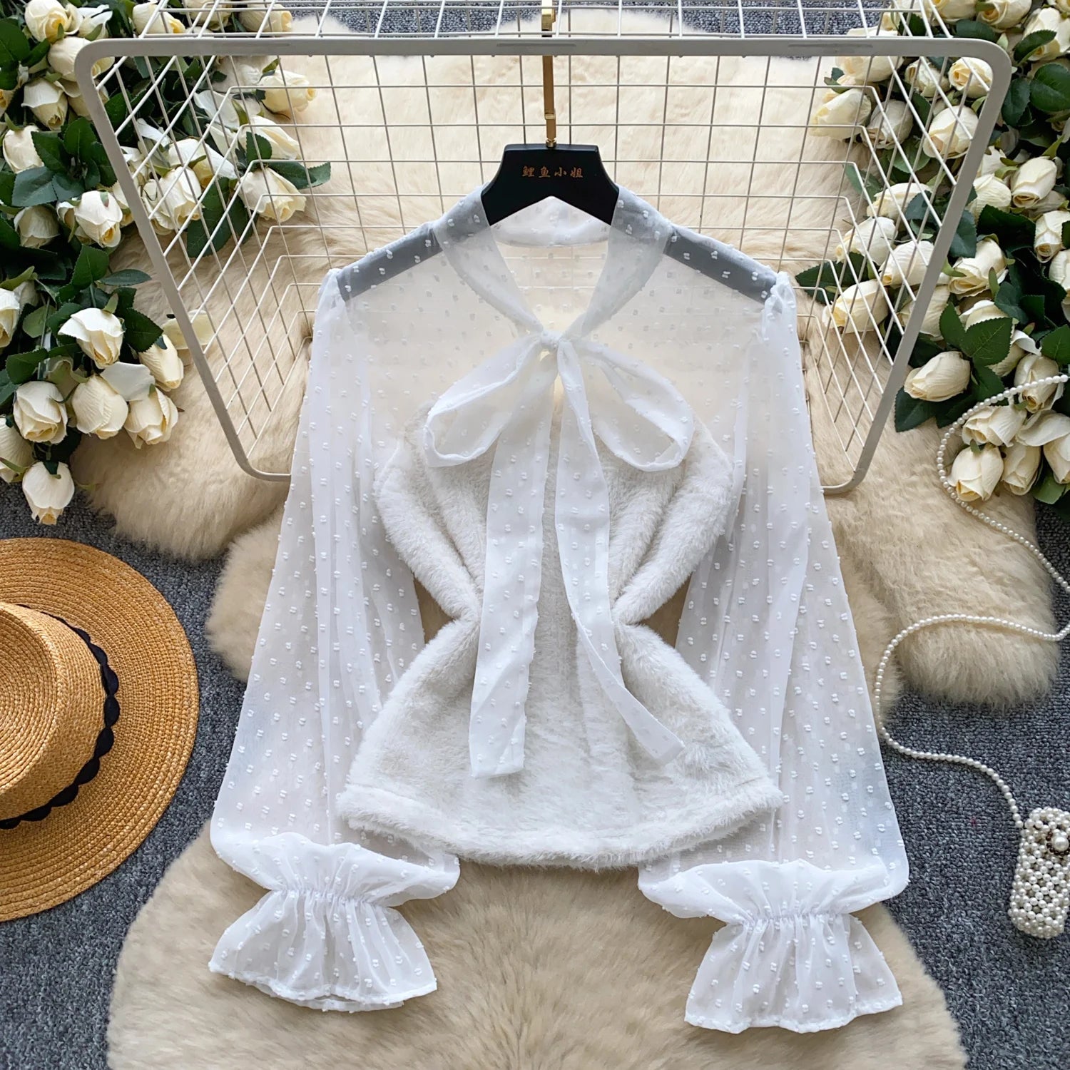 Autumn Full Sleeve Bow Collar Casual Mesh Blouses Women Solid Bow Shirts Ladies Party Tops Clothes Women Wholesale