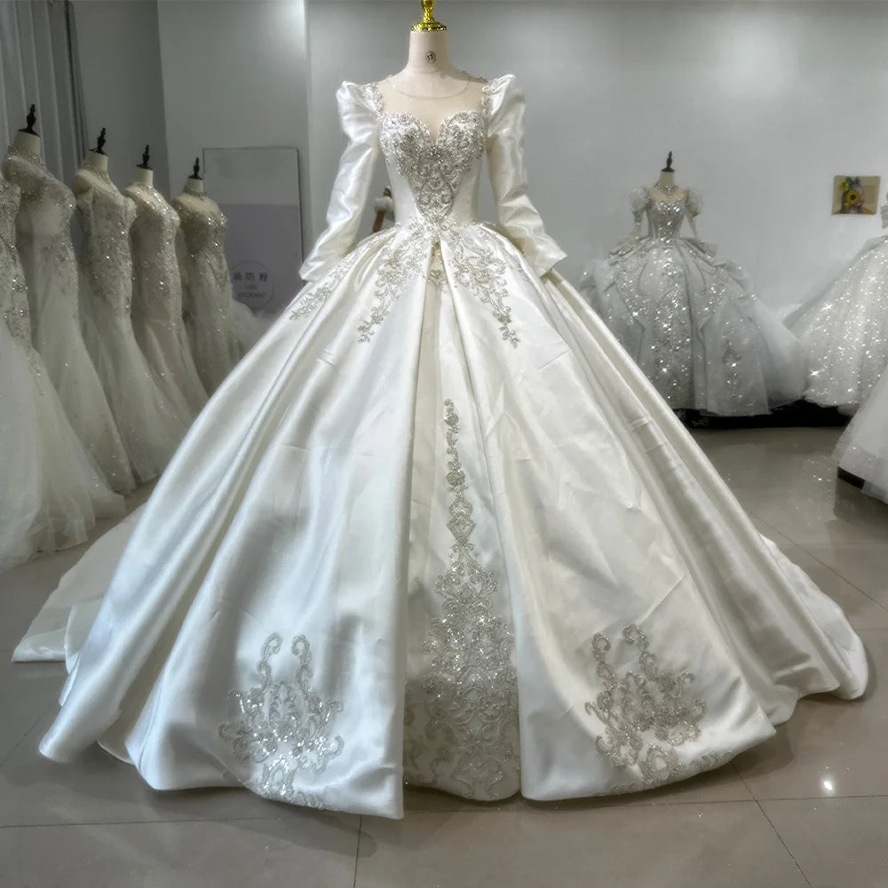 Jancember XS094 Muslim Satin Crystal Long Sleeve Ball Gown Wedding Dresses