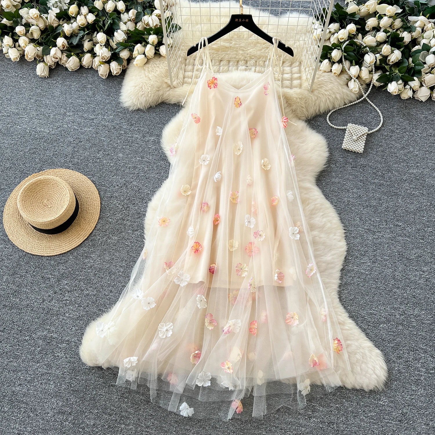 2025 Summer Beach Casual Midi Dress For Women Empire 3D Mesh Dress
