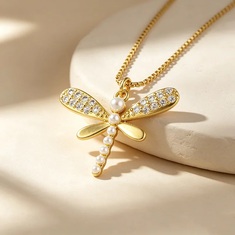 QIKU Romantic Pearl Crystal Dragonfly Shape Pendant Women Necklace Copper Zircon Jewelry Accessories Gift Wholesale Dropshipping