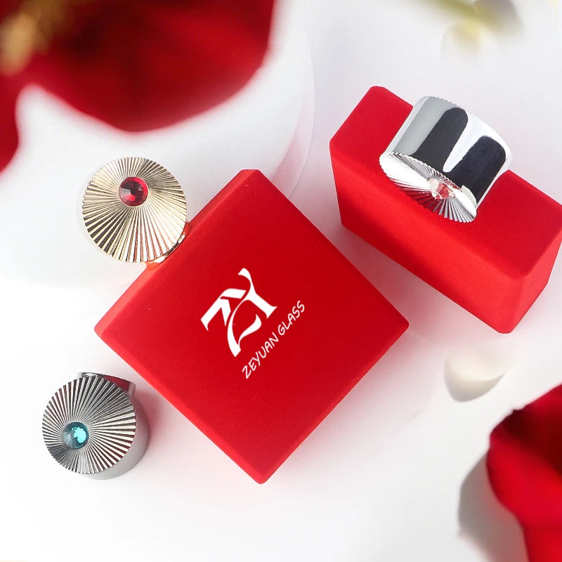 110ml Square Luxury Red Velvet Glass Perfume Bottle with Zinc Alloy Cap and Long Lasting Fine Mist Spray Pump MegaBDM