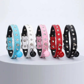 Bling Rhinestone Solid Dog Collar with Bell Shiny Crystal Padded Leather Adjustable Anti-Loss for Small Medium Dogs & Cats