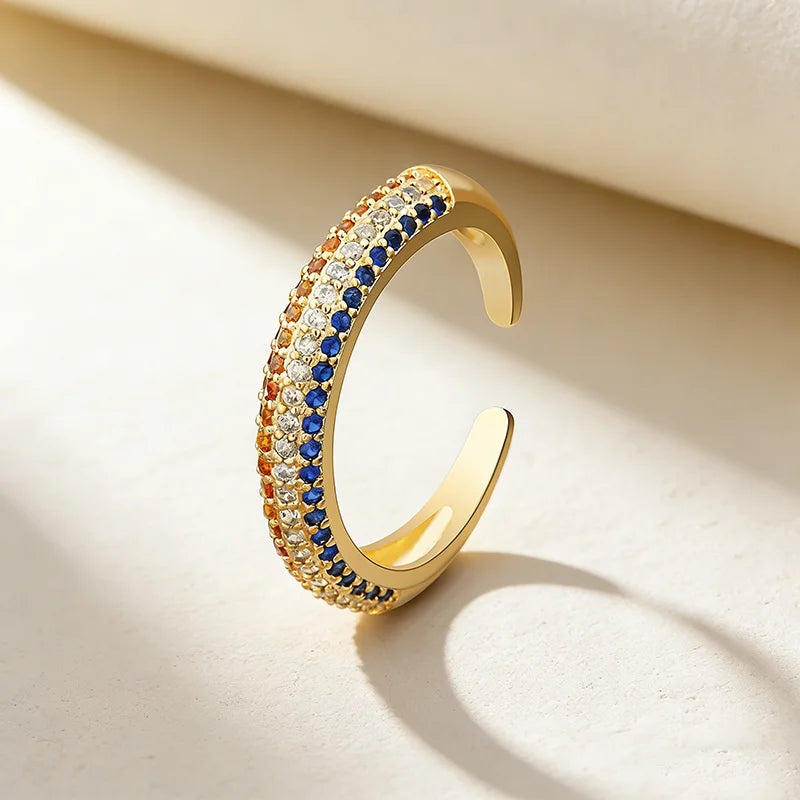 QIKU Trendy Korean Style Adjustable Opening Rings Women Gold Color Copper Zircon Jewelry Accessories Gift Wholesale Dropshipping