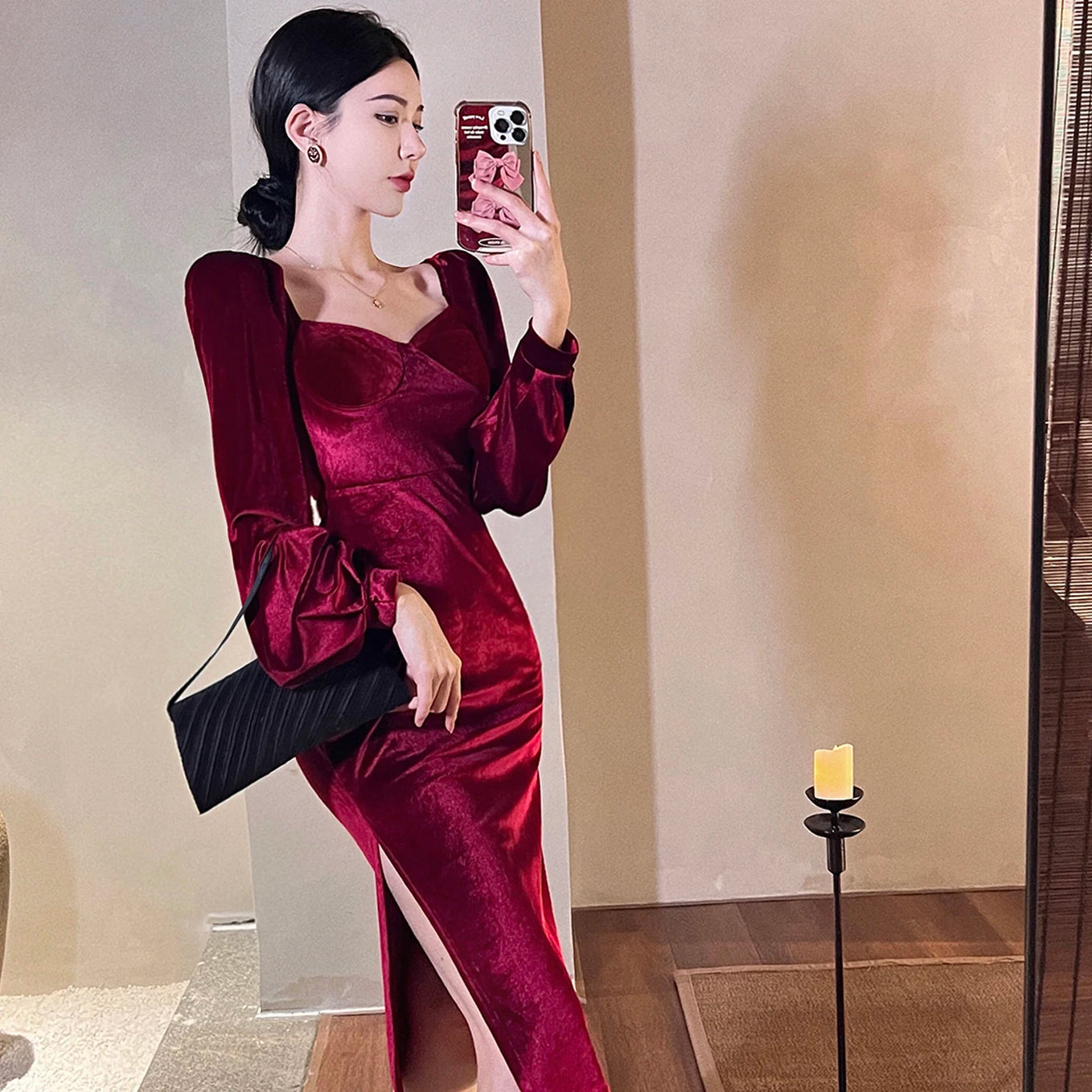 Fall Elegant Slim Casual Midi Dress for Women Empire Lace Vestidos