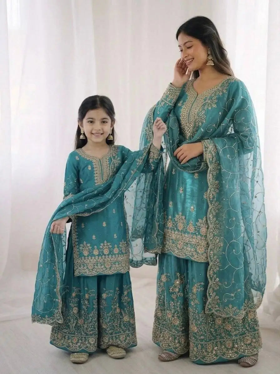 Designer Embroidery Silk Suit Set for Women & Kids | Wedding Festival & Party Wear Collection MegaBDM
