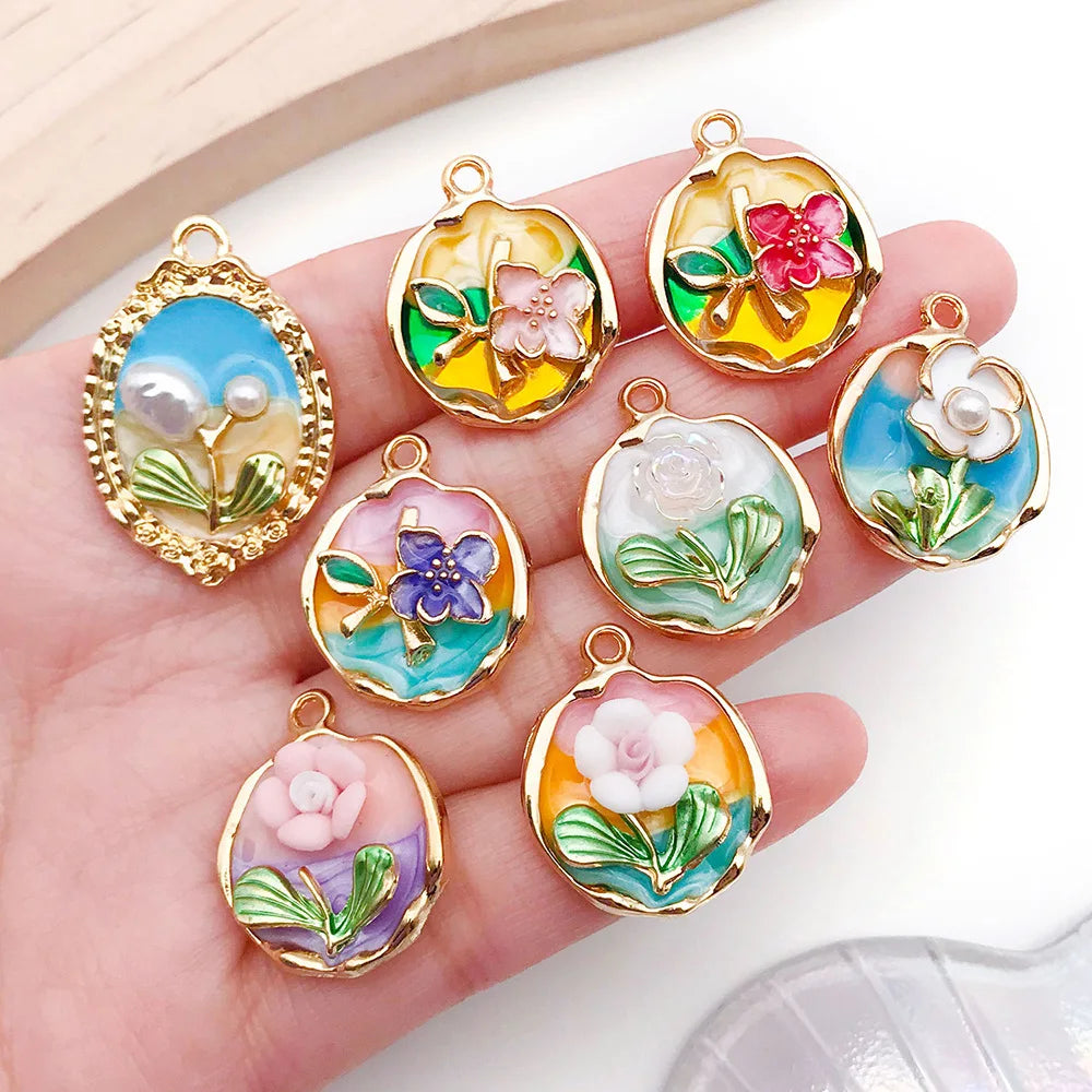 Raised Flower Charm Gold Tone Zinc Alloy Colorful Enamel Pendant for Garden Party Jewelry MegaBDM