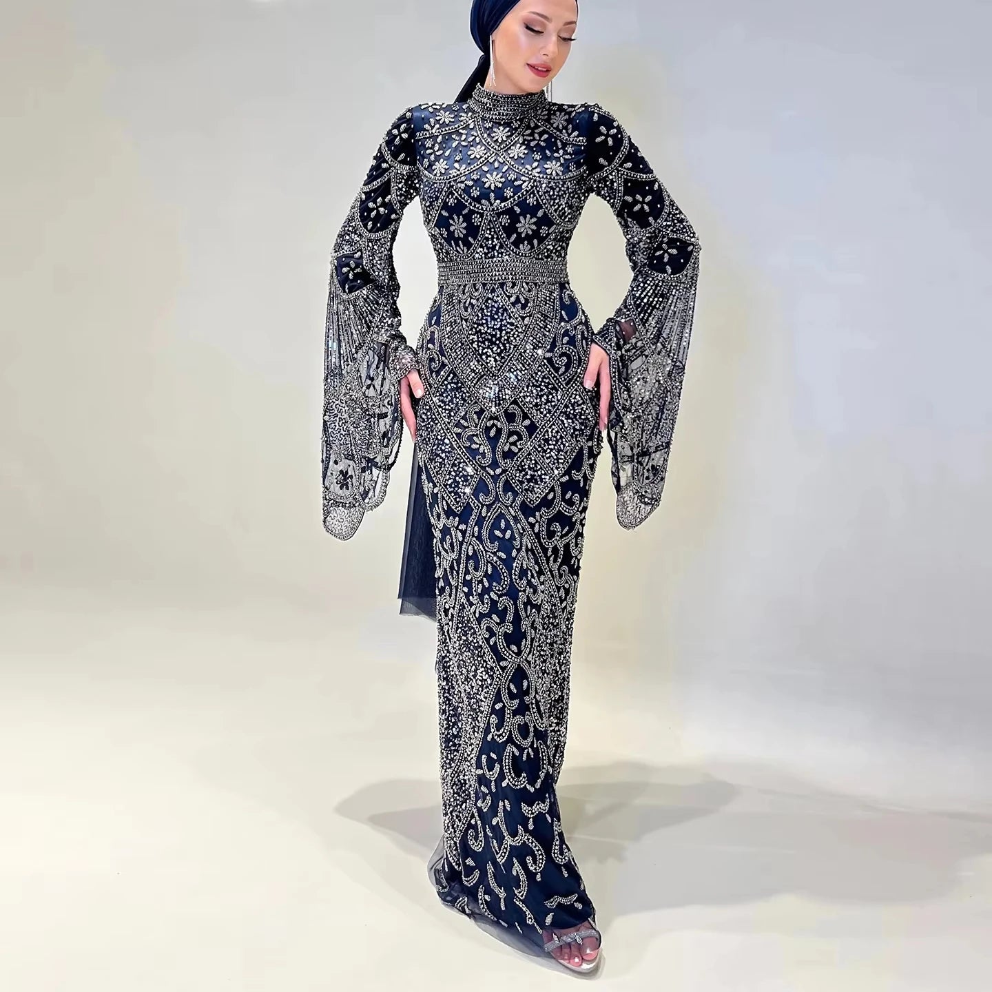 Jancember LSZ153 Muslim Black Mermaid Evening Party Belt Dresses for Women
