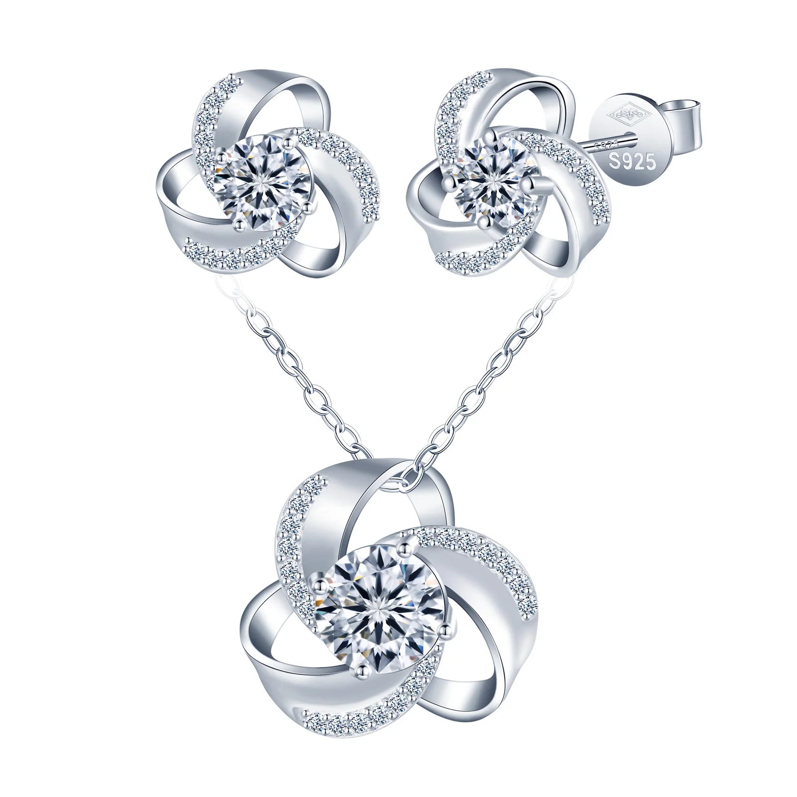 Clover Stud Earrings 925 Sterling Silver Moissanite Necklace with Platinum Plating Lucky Pendant