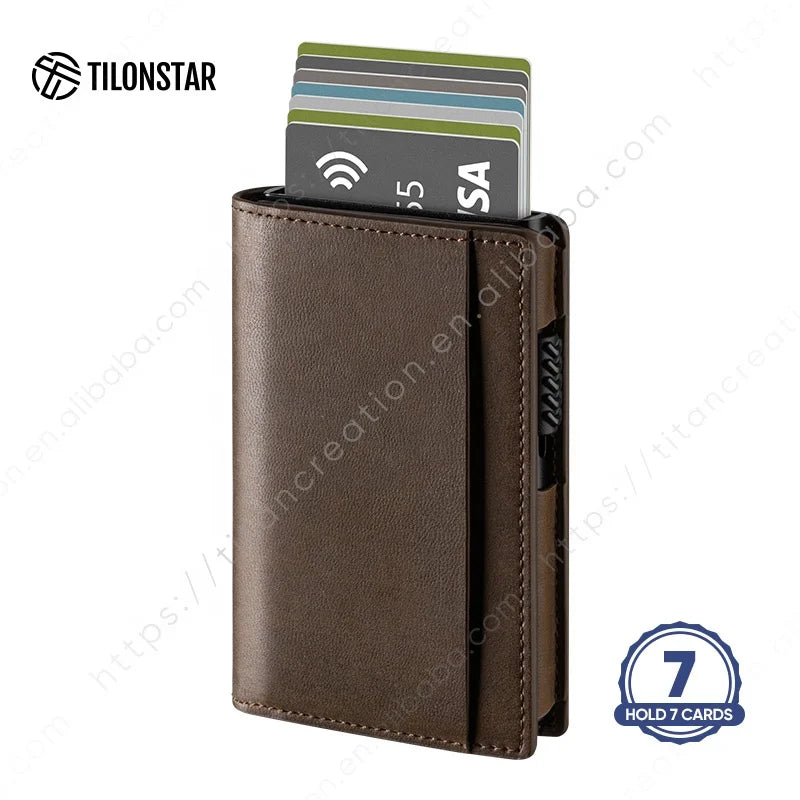 Credit Card Holder RFID Blocking Leather Automatic Pop up Wallet Aluminum Slim Pocket Business Card Case