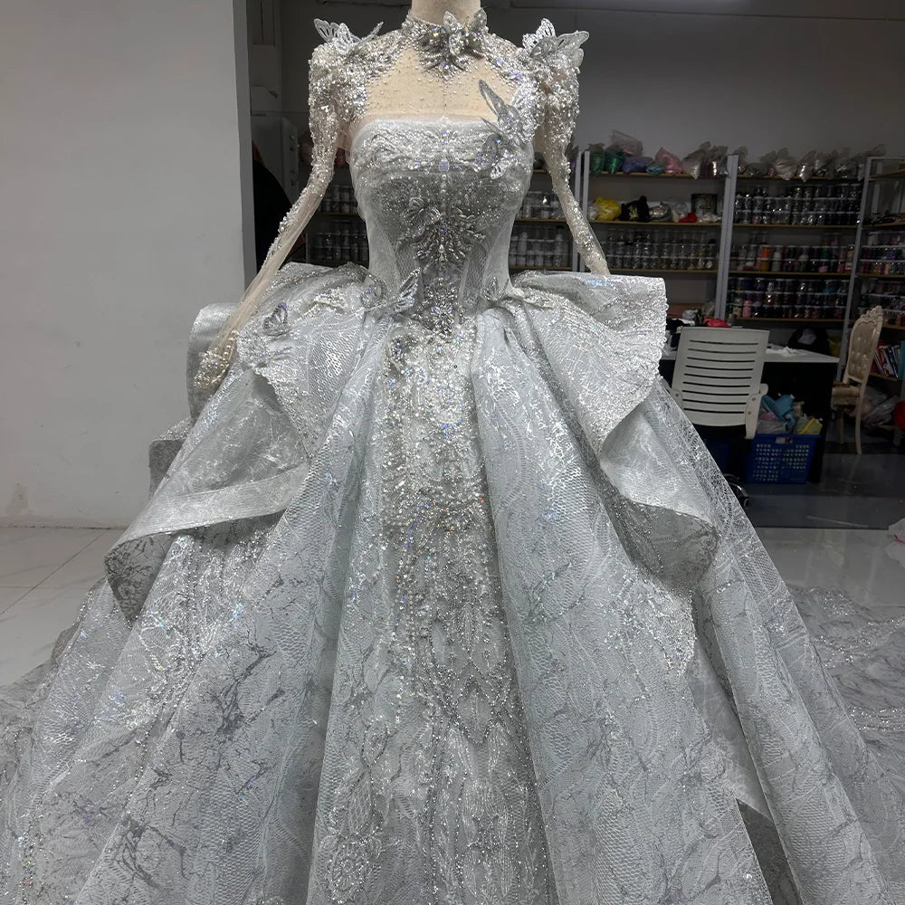 Jancember LSMX207 Luxury High Neck Butterfly Empire Wedding Puffy Women's Dresses