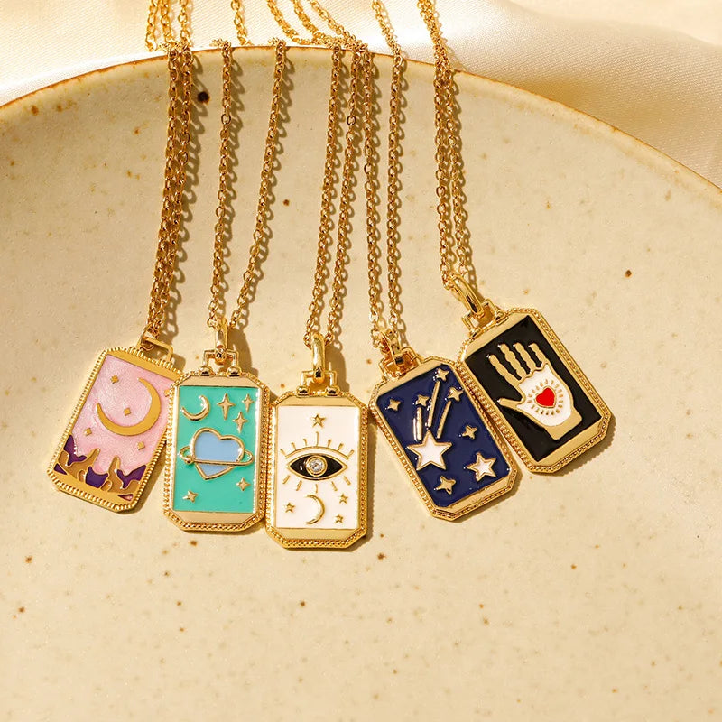 Vintage Stainless Steel Tarot Card Star Moon Link Chain 18K Gold Plated Colorful Women's Oil Square Pendant Pendant Necklaces