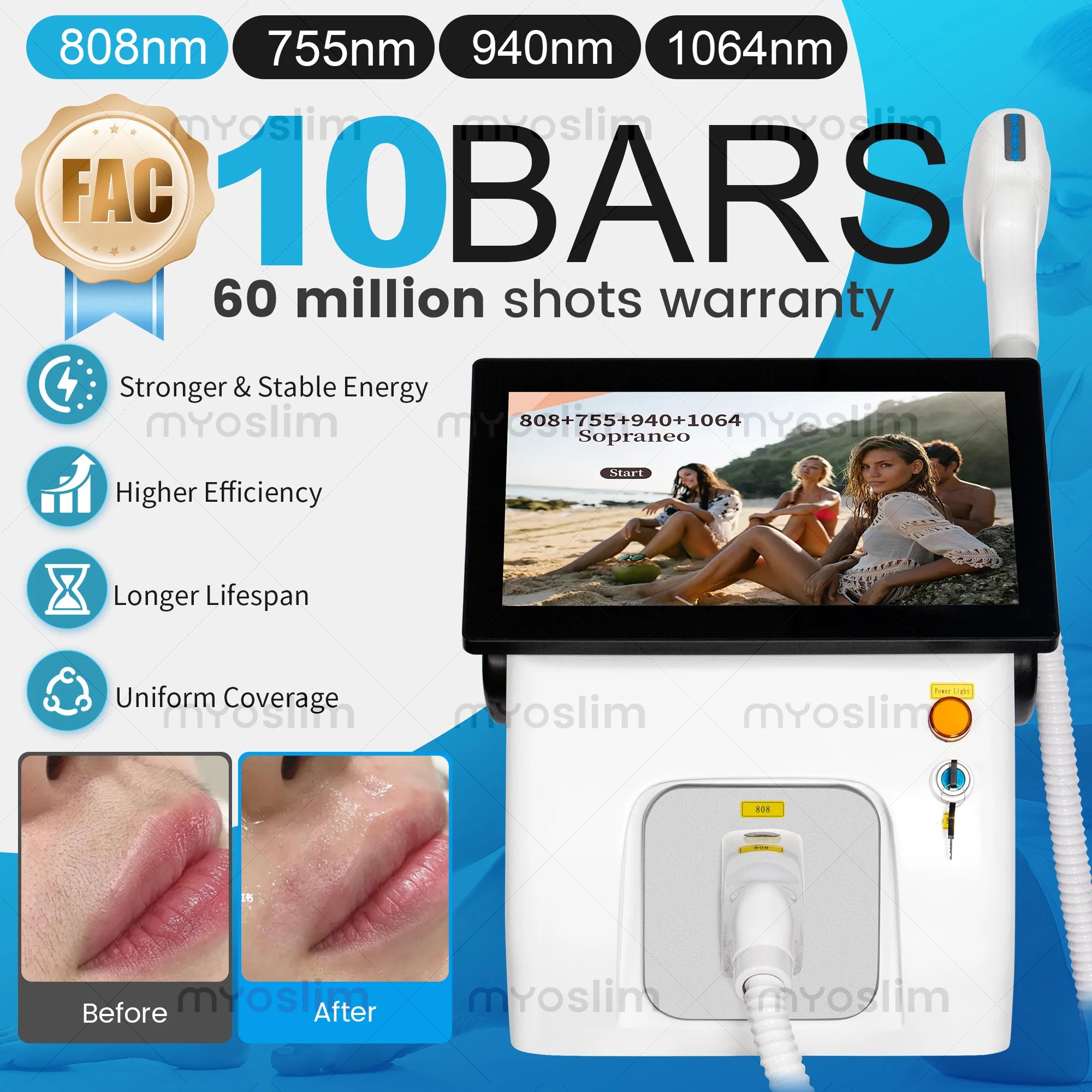 808nm Diode Laser 5000W 4 Wavelength FAC Painless Permanent Hair Removal Device Professional For Beauty Salons