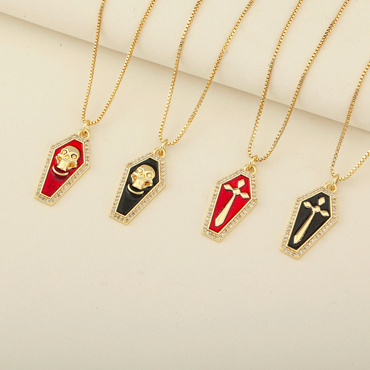 QIKU Gothic Reversible Skull & Cross Coffin Pendant Necklace with Crystal Border for Punk Rock Enthusiasts