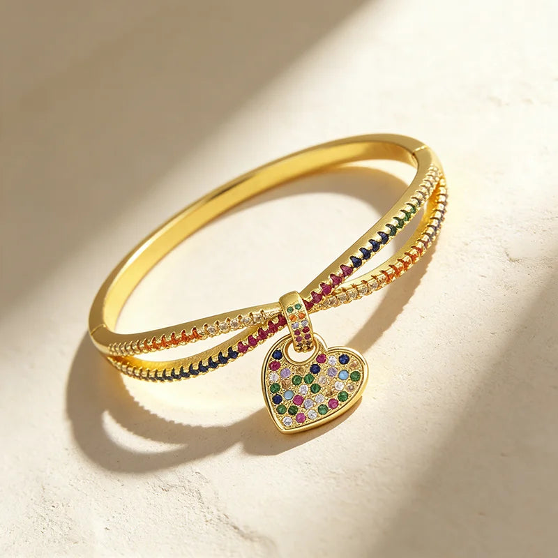 QIKU Bohemia Rainbow Crystal Heart Shape Pendant Bracelet Gold Plated Copper Cubic Zirconia Charm Jewelry Women Girlfriend Gift