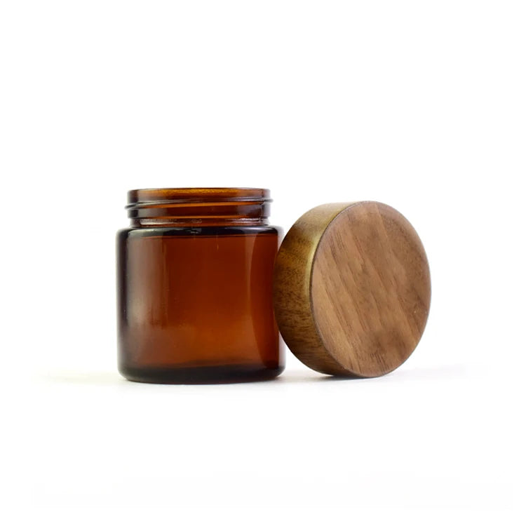 New Black Acacia Wood Cap Amber Glass Jar with Child-Resistant Plastic Packaging 5oz for Cookie Food Cosmetic Storage MegaBDM