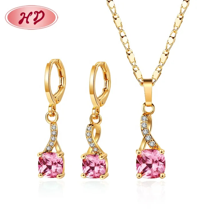 Gold Plated Jewellery Wholesale 18kgp Cubic Zirconia Classic Fashion Brass Earrings Necklaces Jewelry Set for Party Wear