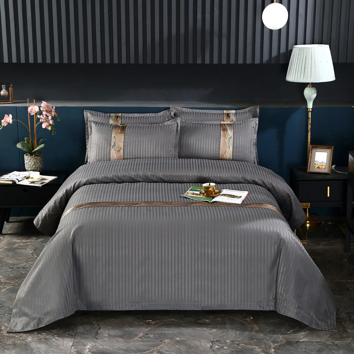 OEM/ODM Deep Grey Solid Woven Sateen Duvet Cover High-End Polyester Bedsheet Four Seasons Hotel Bedding Set MegaBDM