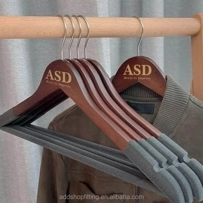 Vintage 44.5 CM Custom Logo Wood Flocking Velvet Single Tier High Quality Anti-slip Multifunction Clothes Hanger for Wardrobe