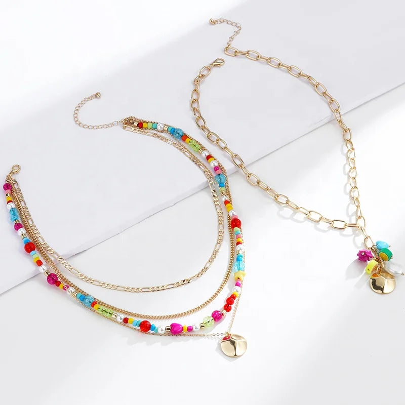 Wholesale Women's 18K Gold Plated Colorful Beaded Layered Fancy Necklace Summer Beach Wedding Gift Jewelry