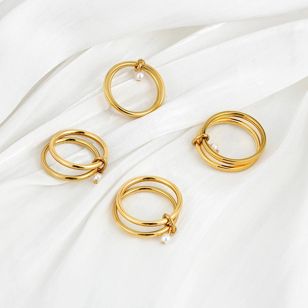 Stylish Stainless Steel Stackable Multi Band White Pearl Pendant Ring Gold Plated Geometric Statement Jewelry Gift