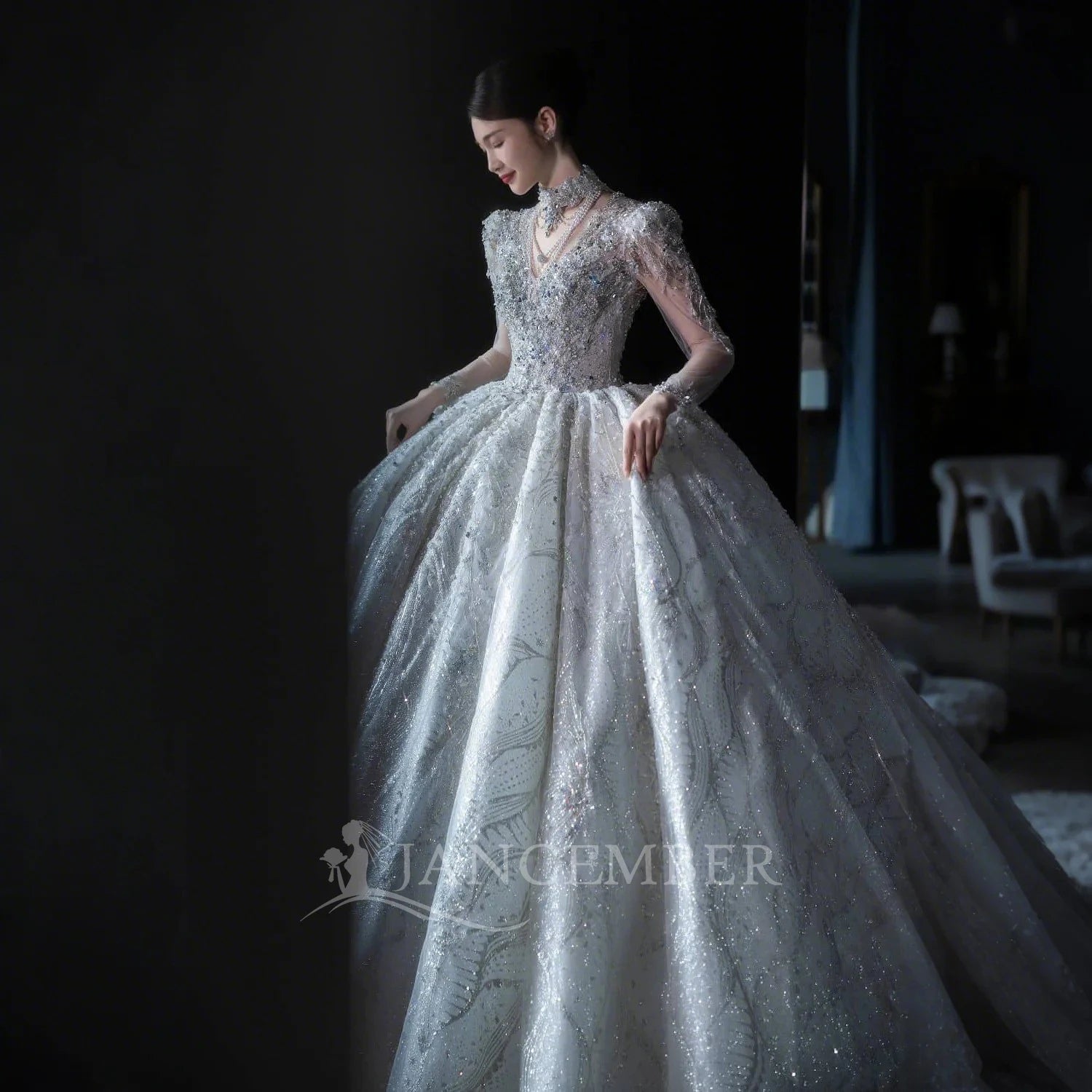 Jancember LSHT057 Crystal Long Sleeve Pearls New 2024 Designs for Wedding Gowns