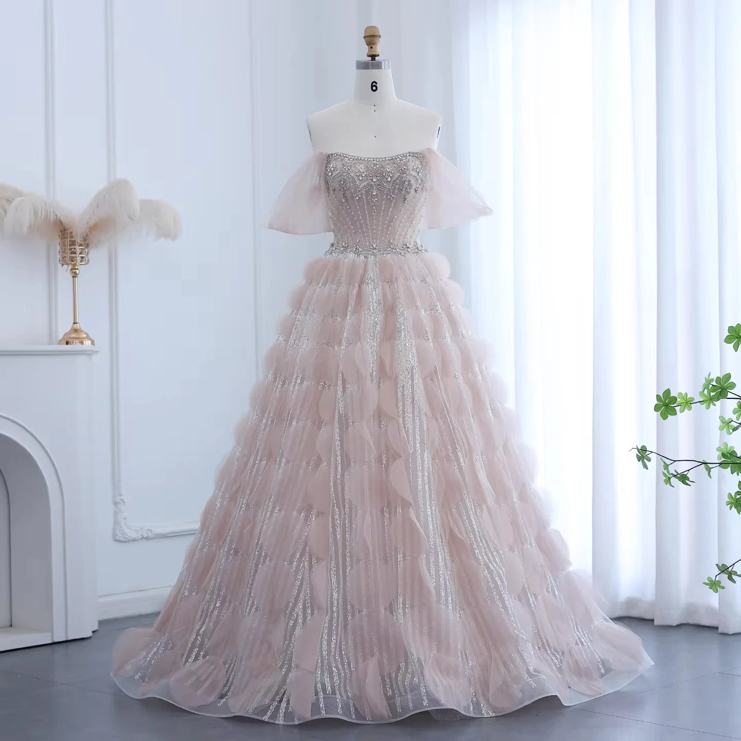 Jancember SZ533 Princess Pink Off Shoulder Puffy A-line Prom Evening Dresses