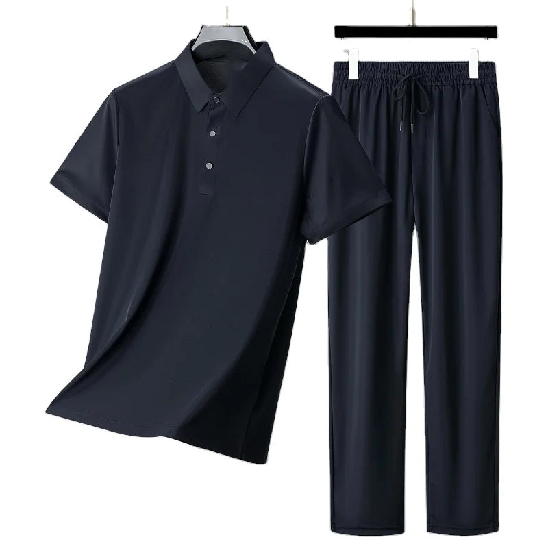 Oem customized logo design ice silk men's summer thin loose casual two-piece suit lapel quick-drying short-sleeved sports suit