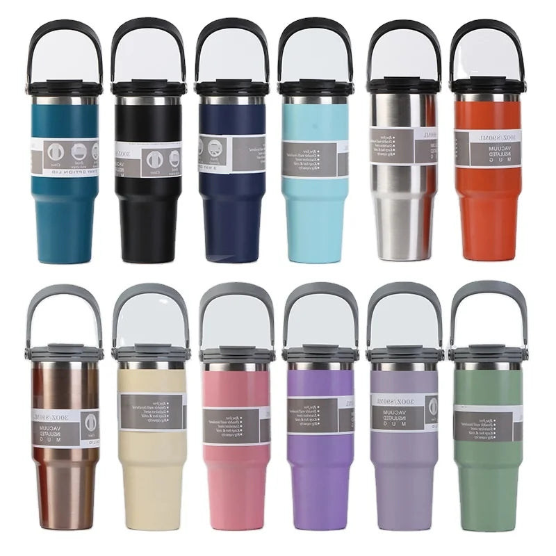 Promotional Travel Camping Car Coffee Milk 20oz 30oz Double Wall Stainless Steel Tumbler with Handle and Straw