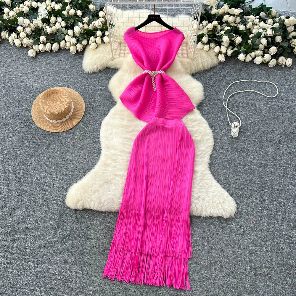 Summer Women's Casual Sets Sleeveless Tunic Asymmetric Bandage Top And Pleated Skirts Set American Clothing Wholesale