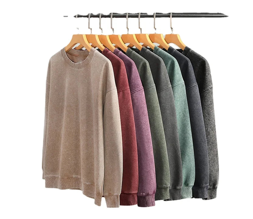 Oem Customized logo Design Trendy unisex solid color washed distressed cotton 350g heavyweight sweatshirt