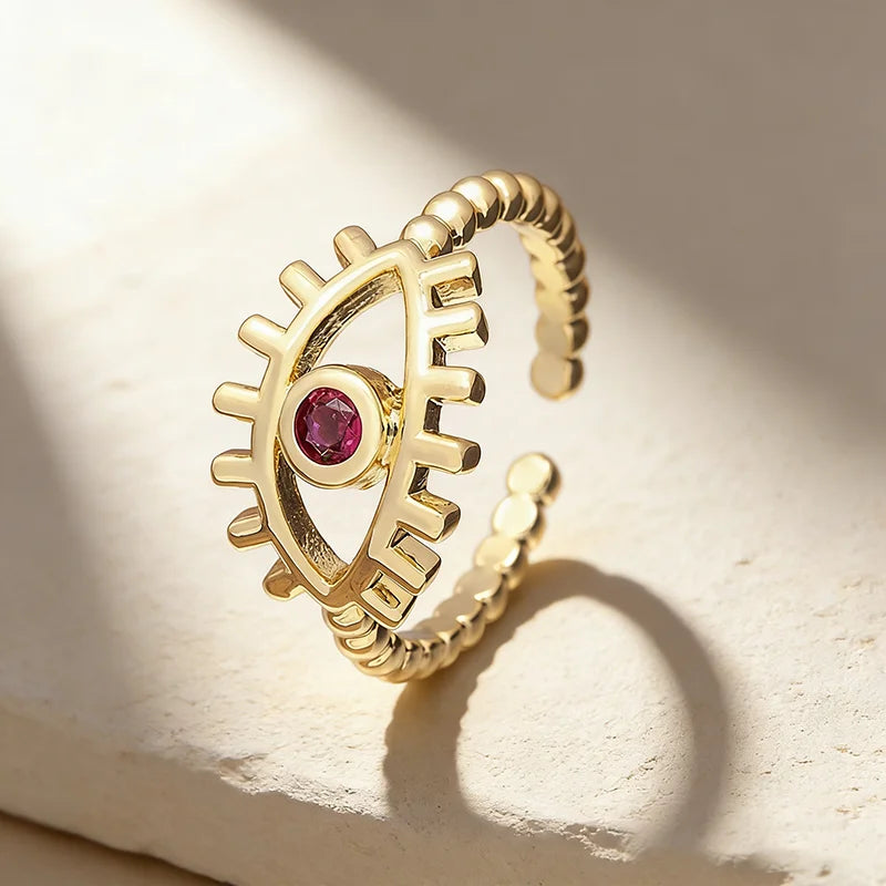 QIKU Lucky Turkish Eye Opening Adjustable Rings Women Vintage Bohemian Trendy 18K Gold Plated Copper Zircon Party Jewelry