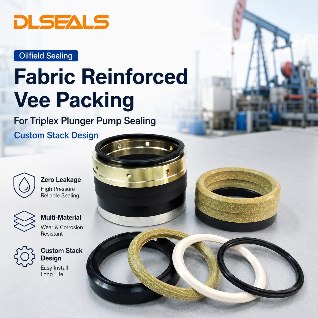 Dlseals Fabric Reinforced Cowhide Leather Chevron Vee Packing Cup Seal Kit for Oilfield Triplex Plunger Pump Custom