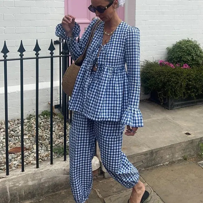 Enyami Urban Boutique Apparel Cozy Sweety Plaid Coords Women Long Sleeve Petal Cuff Blouses High Waist Pants Casual 2 Piece Sets