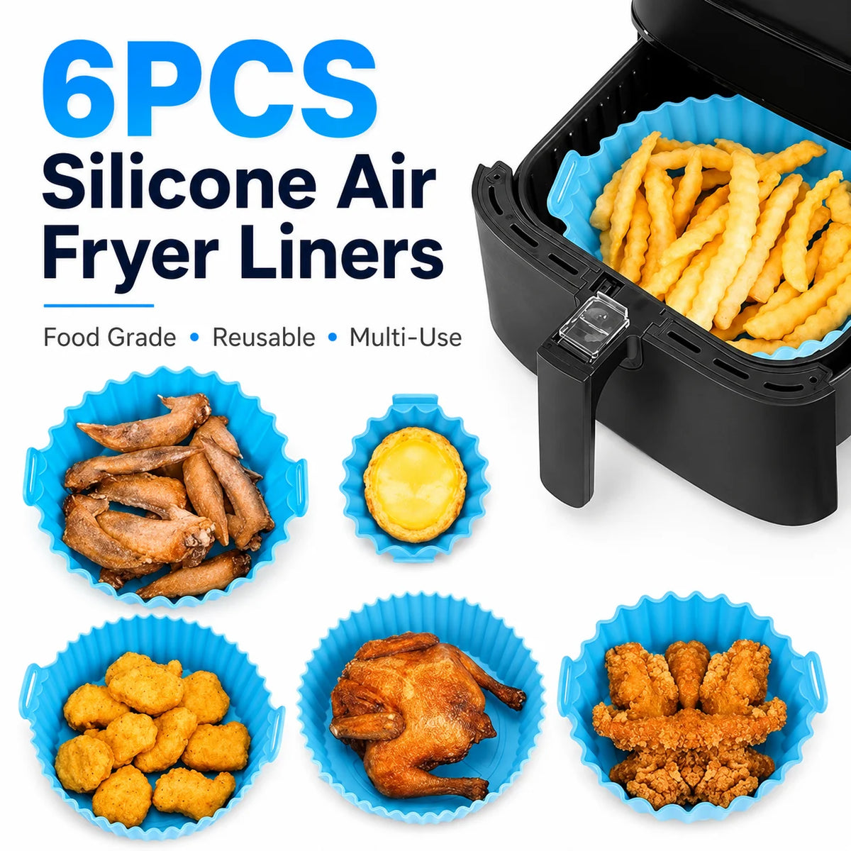 6-Piece Air Fryer Oven Silicone Baking Tray Set Non Stick Food Grade Grill Pan Cake Mold Reusable Wholesale Custom OEM MegaBDM