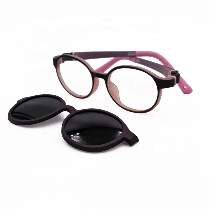 Safety Fashionable Solid PEBAX Dual Color Detachable Unbreakable Optical Frame with Magnetic Clip on Polarized Lenses for Infant MegaBDM