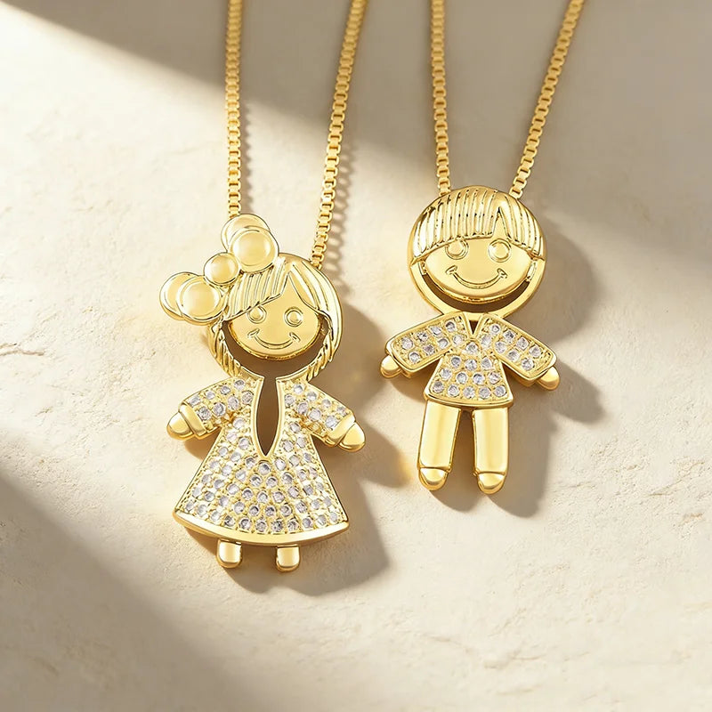 QIKU Classic Gold Color Crystal Girl Boy Charm Pendant Necklace Copper Cubic Zircon Neck Chain Accessories Jewelry Factory Price