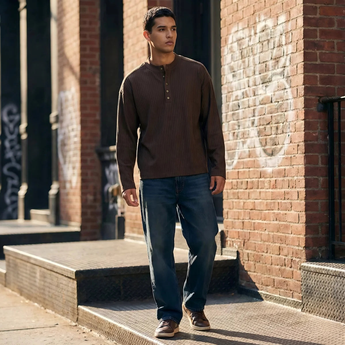 Men Long Sleeve Henley Shirt Textured Knit Loose Fit Button Down Casual Pullover Top for Autumn Spring Wear
