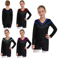 Stylish Kids Girls Shiny Rhinestone Decorated Contrast Color Leotard V-front Waistband Shorts Dance Sports Gymnastic Sets Stage