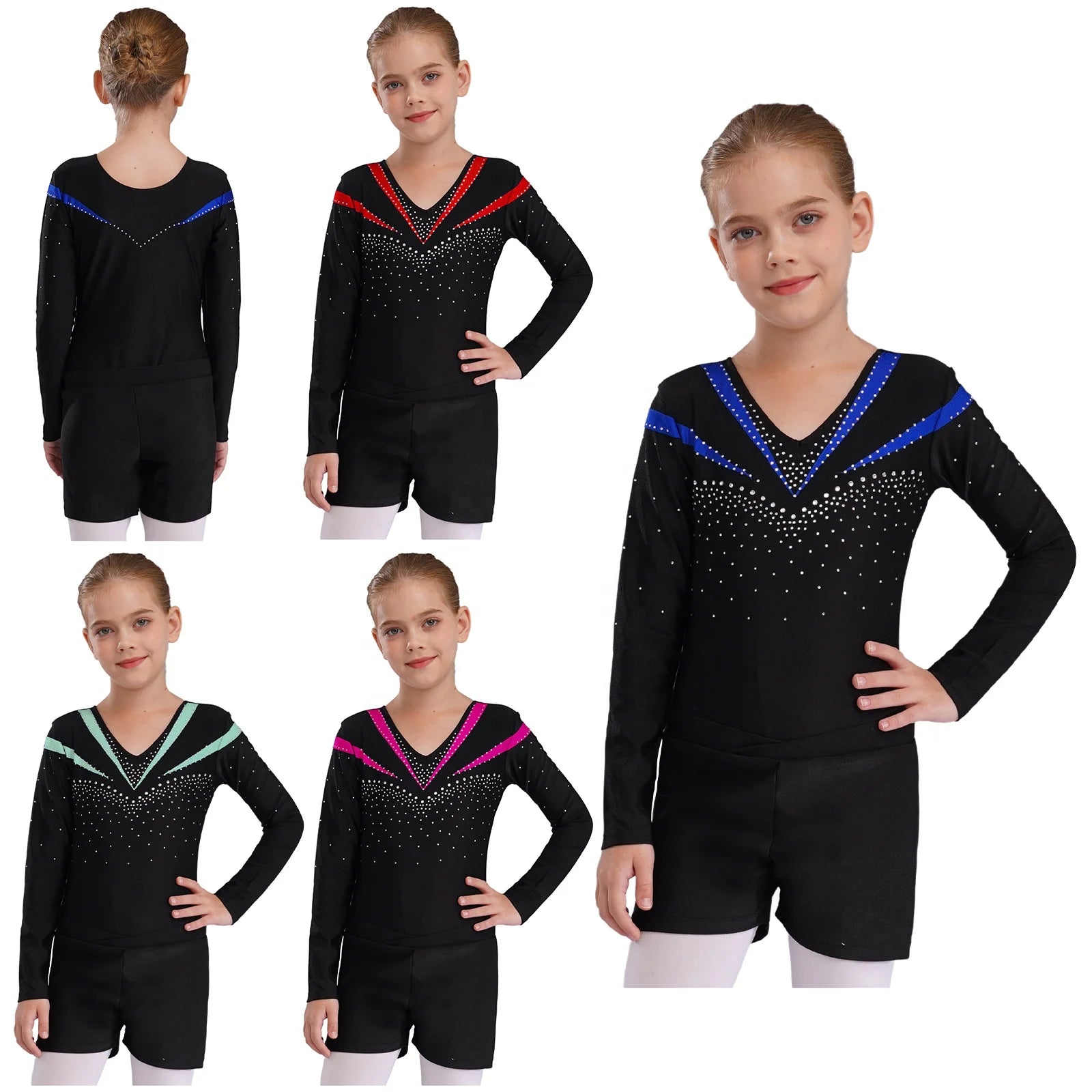 Stylish Kids Girls Shiny Rhinestone Decorated Contrast Color Leotard V-front Waistband Shorts Dance Sports Gymnastic Sets Stage