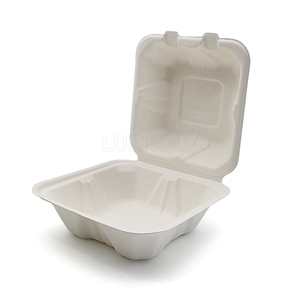 LuzhouPack 100% Biodegradable Eco-Friendly Bagasse Pulp Disposable Lunch Box Clamshell Packaging Compostable 90 Days Microwave