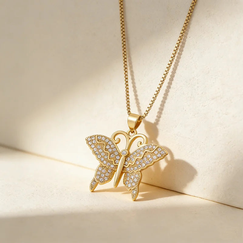QIKU Trendy Butterfly Shape Gold Color Pendant Women Necklace Copper Zircon Animal Jewelry Accessory Gift Wholesale Dropshipping