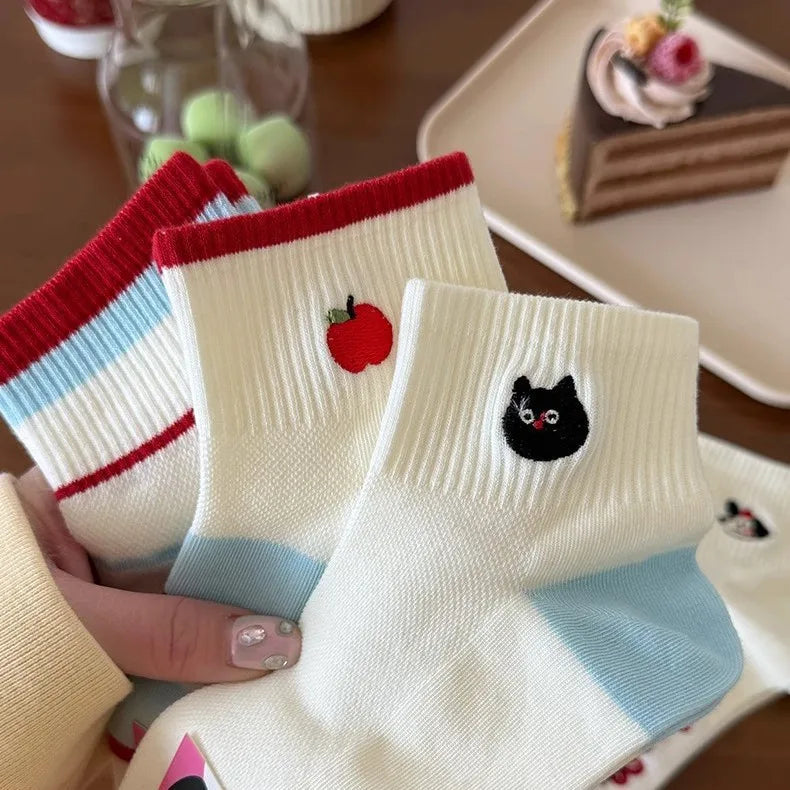 Women's Cute White Versatile Embroidery Socks Summer Thin Style Cotton Short Tube Socks MegaBDM